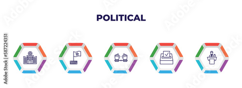 editable outline icons with infographic template. infographic for political concept. included health clinic, political flag, slavery, election, political speech icons.