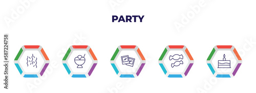 editable outline icons with infographic template. infographic for party concept. included celebration, big ice cream bowl, birthday pictures, two candies, birthday cake icons.