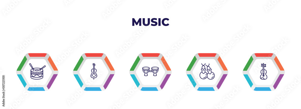 editable outline icons with infographic template. infographic for music concept. included percussion, double bass, bongo, castanets, viola icons.