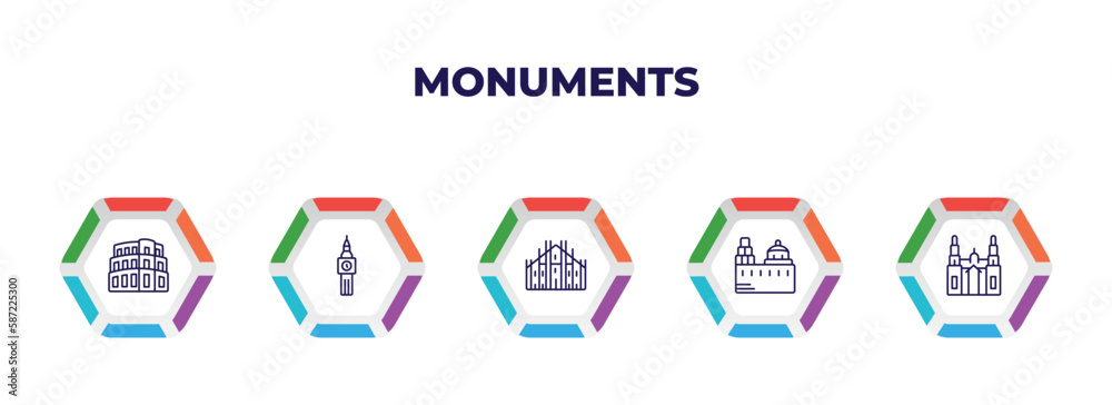 editable outline icons with infographic template. infographic for monuments concept. included pula arena, the clock tower, milan cathedral, blue domed churches, cathedral icons. editable outline icons with infographic template. infographic for monuments concept. included pula arena, the clock tower, milan cathedral, blue domed churches, cathedral icons.