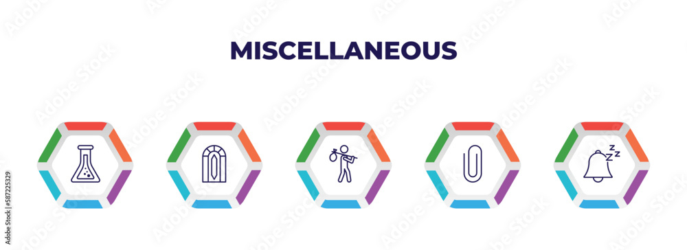 editable outline icons with infographic template. infographic for miscellaneous concept. included alchemy, stained glass window, refugee, paperclip attachment, snooze icons. editable outline icons with infographic template. infographic for miscellaneous concept. included alchemy, stained glass window, refugee, paperclip attachment, snooze icons.