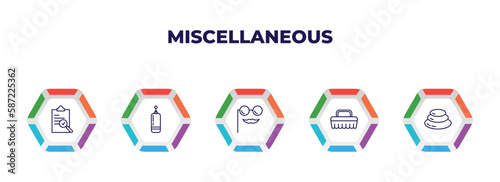 editable outline icons with infographic template. infographic for miscellaneous concept. included evaluate, muay thai, fun glasses, cleaning brush, pebble icons.
