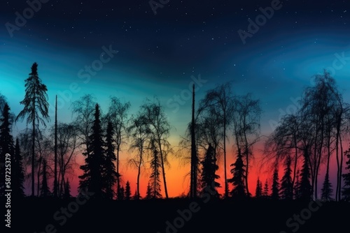 vibrant starry night sky over a dark forest landscape. Generative AI