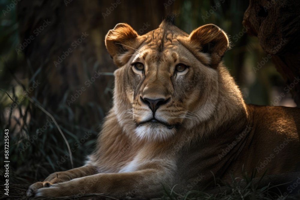Fototapeta premium One of the four large cats in the genus Panthera and a member of the Felidae family is the lion. It is the second largest living cat after the tiger, with some males weighing more than 250 kg (550 lb