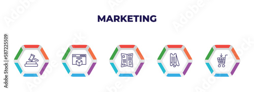 editable outline icons with infographic template. infographic for marketing concept. included bid, web package, gazette, eticket, buying icons.