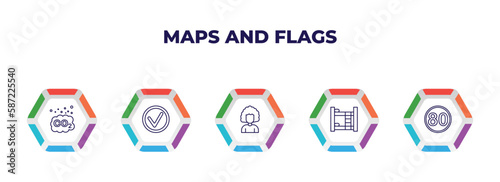 editable outline icons with infographic template. infographic for maps and flags concept. included co2, mark, women hairstylist, dormitory, 80 speed limit icons.