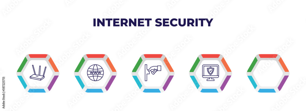 editable outline icons with infographic template. infographic for internet security concept. included modem, internet, fingerprint scan, insecure, computer security icons. editable outline icons with infographic template. infographic for internet security concept. included modem, internet, fingerprint scan, insecure, computer security icons.