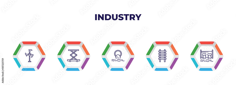 editable outline icons with infographic template. infographic for industry concept. included eco windmill, lift, sewage, step ladder, hydro power generation icons. editable outline icons with infographic template. infographic for industry concept. included eco windmill, lift, sewage, step ladder, hydro power generation icons.