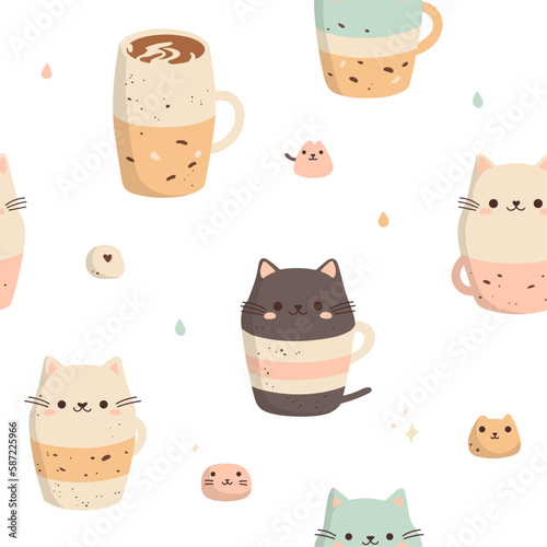 Seamless vector pattern with cute cats in coffee cups. Minimalistic design with soft colors