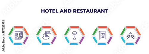 editable outline icons with infographic template. infographic for hotel and restaurant concept. included hotel, ramen, wine glass, menu, five stars icons.