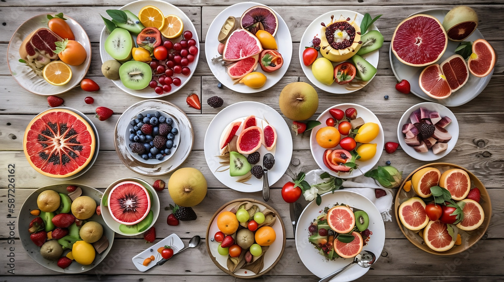 Healthy fruit plates on a rustic white wooden table. Close-up top view horizontal Healthy fruit plates on a rustic white wooden table. Close-up top view horizontal