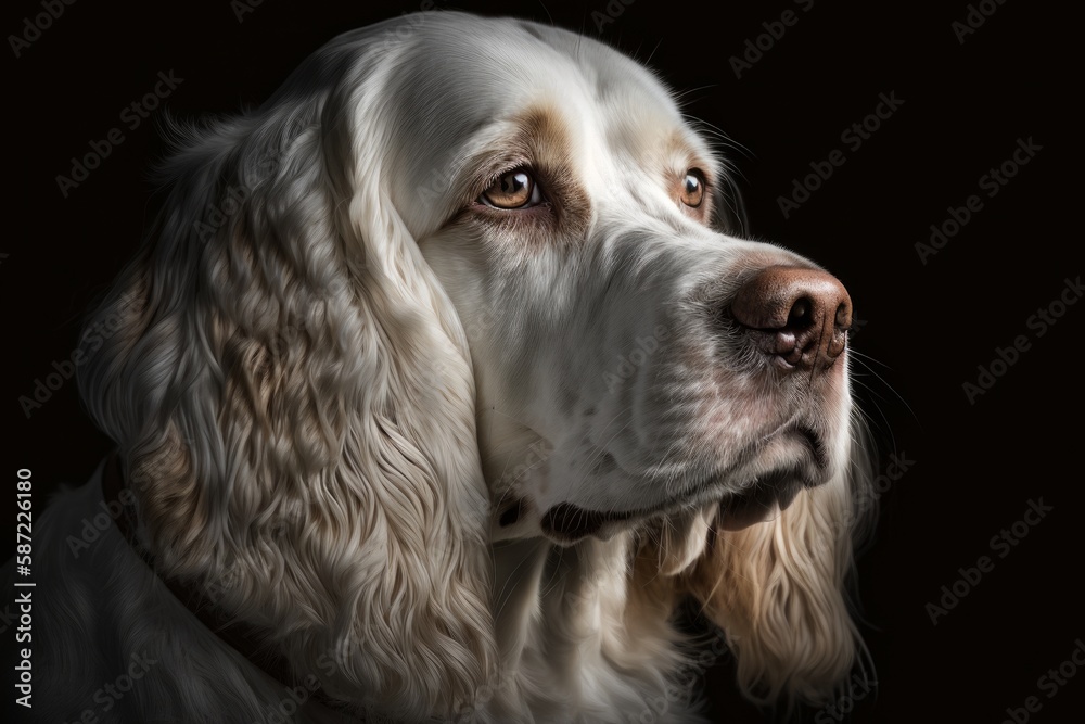Portrait of a dog breed English setter on a black background, Generative AI