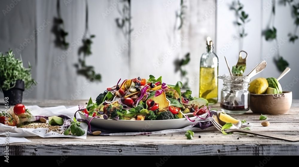Fresh and healthy salad on a rustic white wooden table. White background and copy space. Fresh and healthy salad on a rustic white wooden table. White background and copy space.