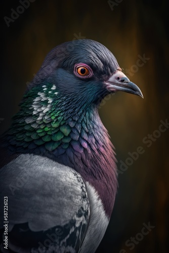 Portrait of a beautiful pigeon on a dark background. Close-up. Generative AI