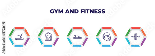 editable outline icons with infographic template. infographic for gym and fitness concept. included training apparatus, fitness body, man swimming, headgear, fitness wheel icons.