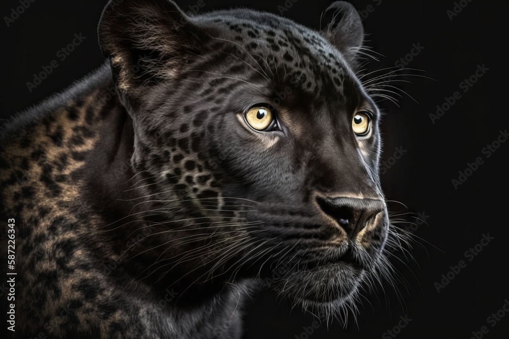 Close-up portrait of a leopard on a black background. Generative AI