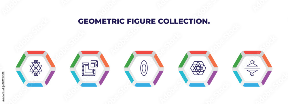 editable outline icons with infographic template. infographic for geometric figure collection. concept. included sri yantra, segment, oval, triangle inside hexagon, reflection icons. editable outline icons with infographic template. infographic for geometric figure collection. concept. included sri yantra, segment, oval, triangle inside hexagon, reflection icons.