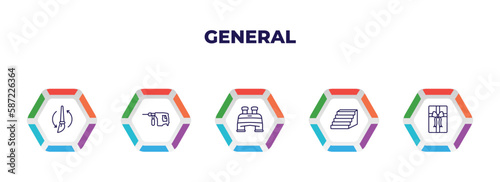 editable outline icons with infographic template. infographic for general concept. included brush history, perforator, pair of binoculars, steps, birthday present icons.