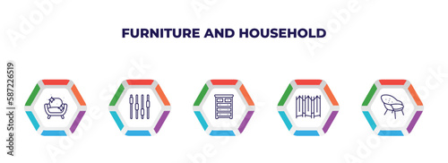 editable outline icons with infographic template. infographic for furniture and household concept. included cleaned, fader, drawer chest, folding screen, lounge chair icons.