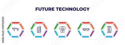 editable outline icons with infographic template. infographic for future technology concept. included flying car, residential, smart clothing, ar glasses, cloning icons.