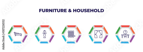 editable outline icons with infographic template. infographic for furniture & household concept. included fainting couch, bedroom lamp, radiator, curtain, lowboy icons.