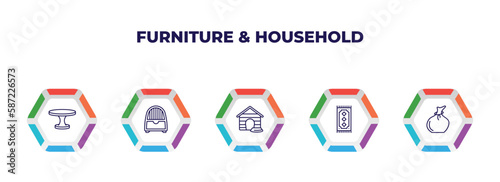 editable outline icons with infographic template. infographic for furniture & household concept. included dining table, dehumidifier, pet house, rug, garbage bags icons.