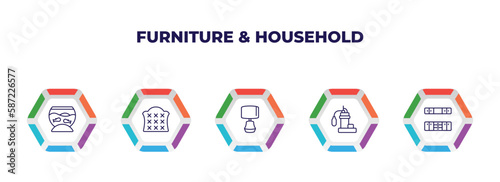 editable outline icons with infographic template. infographic for furniture & household concept. included fish bowl, headboard, table lamp, sump pump, cabinet icons.