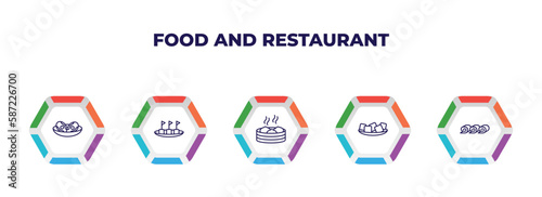 editable outline icons with infographic template. infographic for food and restaurant concept. included braised abalone, maria mole, xiao long bao, tofu, zhaliang icons.