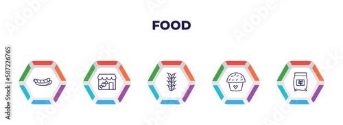 editable outline icons with infographic template. infographic for food concept. included sausages, candy shop, ear of wheat, romantic muffin, fodder icons.