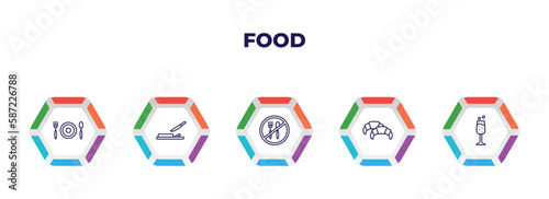 editable outline icons with infographic template. infographic for food concept. included eatery, chop, no eating, croissant, sparkling wine icons.