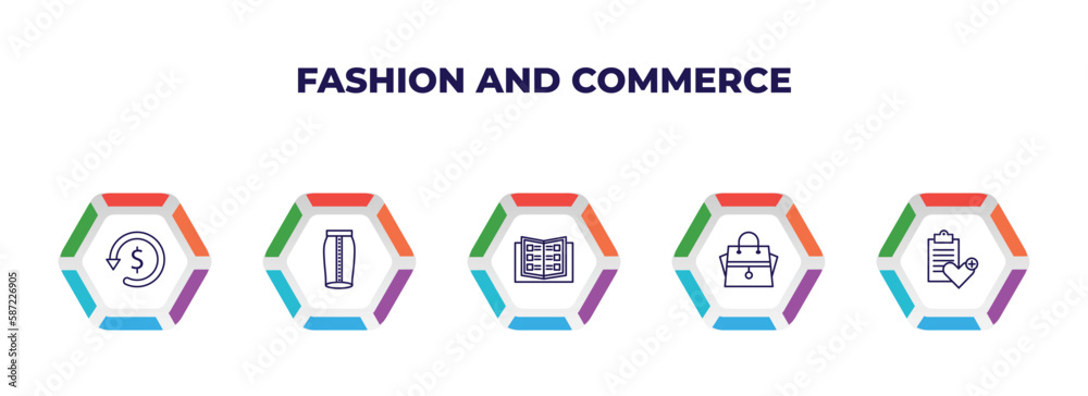 editable outline icons with infographic template. infographic for fashion and commerce concept. included refund, skirt, catalogue, hand bag, wishlist icons. editable outline icons with infographic template. infographic for fashion and commerce concept. included refund, skirt, catalogue, hand bag, wishlist icons.