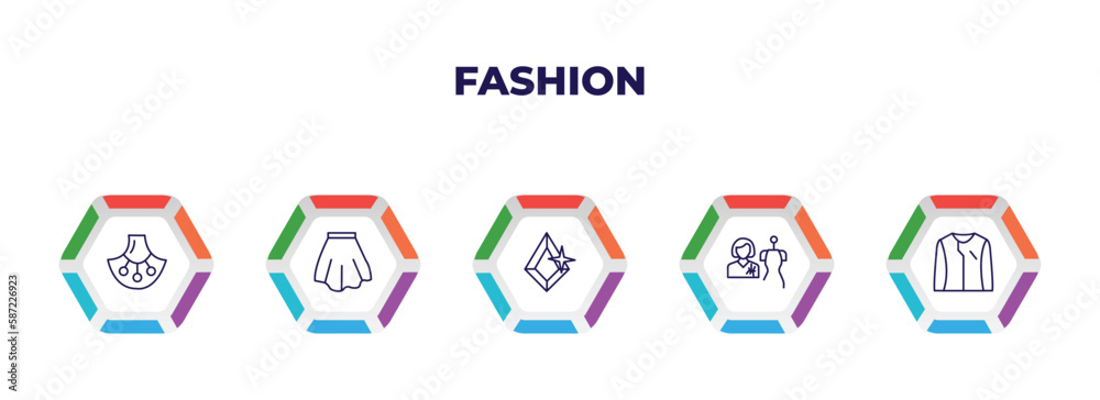 editable outline icons with infographic template. infographic for fashion concept. included accesory, short skirt, precious stone, tailor, long sleeves icons.