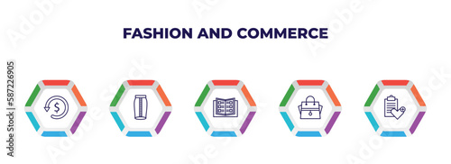 editable outline icons with infographic template. infographic for fashion and commerce concept. included refund, skirt, catalogue, hand bag, wishlist icons.