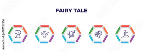 editable outline icons with infographic template. infographic for fairy tale concept. included talking tree, harpy, valkyrie, hydra, excalibur icons.