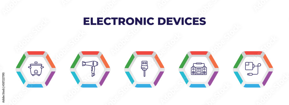 editable outline icons with infographic template. infographic for electronic devices concept. included rice cooker, blow dryer, usb wireless adapter, stereo, magsafe icons. editable outline icons with infographic template. infographic for electronic devices concept. included rice cooker, blow dryer, usb wireless adapter, stereo, magsafe icons.
