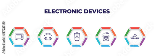 editable outline icons with infographic template. infographic for electronic devices concept. included convection oven, earphones, trash compactor, pressure cooker, dvd player icons.