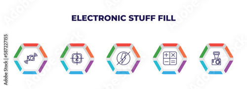 editable outline icons with infographic template. infographic for electronic stuff fill concept. included shake camera, video file list, flash off, calculating, old camera icons.