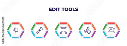 editable outline icons with infographic template. infographic for edit tools concept. included registration mark, cobbler, free transform, repair tool, needle case icons.