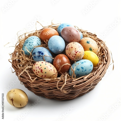 Easter basket full of colorful eggs created with generative AI technology