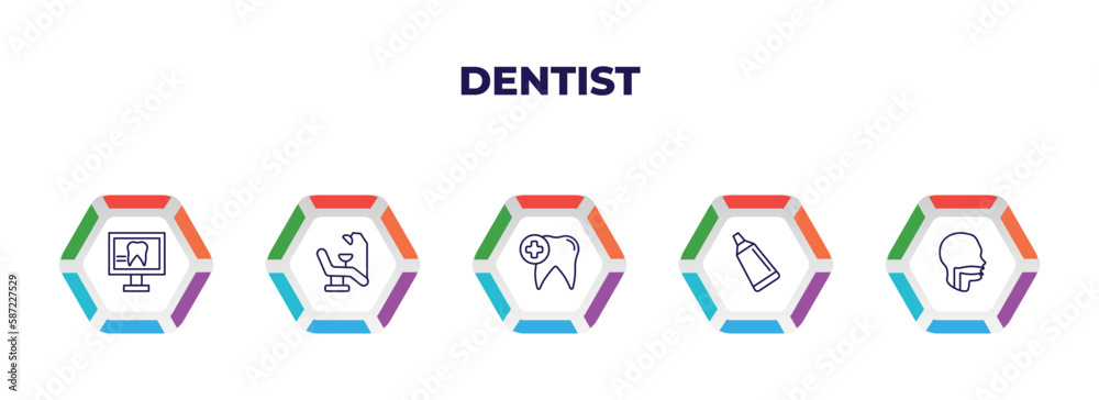 editable outline icons with infographic template. infographic for dentist concept. included dental monitor, dentist chair, dental care, toothpaste tube, oral icons.