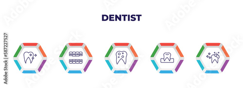 editable outline icons with infographic template. infographic for dentist concept. included clean tooth, lingual braces, bicuspid, occlusal, tooth cleaning icons.