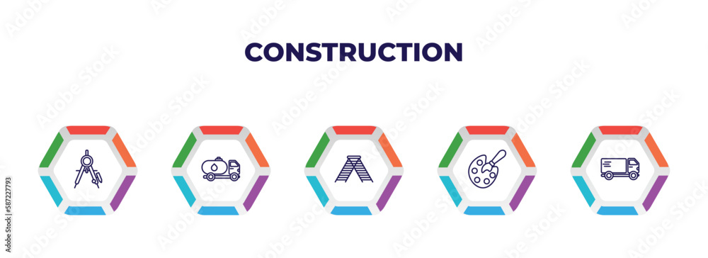 editable outline icons with infographic template. infographic for construction concept. included drawing compass, fuel truck, double ladder, pallete, truck with freight icons. editable outline icons with infographic template. infographic for construction concept. included drawing compass, fuel truck, double ladder, pallete, truck with freight icons.
