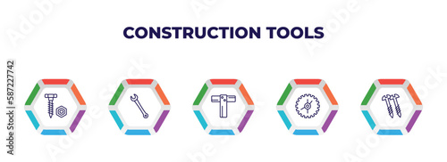editable outline icons with infographic template. infographic for construction tools concept. included nuts and bolts, garage wrench, boning rod, blade saw, screws icons.