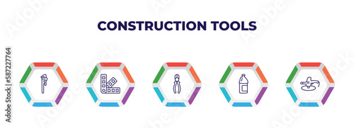 editable outline icons with infographic template. infographic for construction tools concept. included clipper, pantone, repair pliers, gallon oil, polishers icons.
