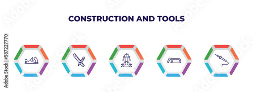 editable outline icons with infographic template. infographic for construction and tools concept. included planer, pencil and ruler, mechanic working, metal saw, solder icons.