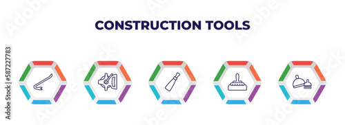 editable outline icons with infographic template. infographic for construction tools concept. included crowbar, open scale, putty knife, construction works, dustpan and brush icons.