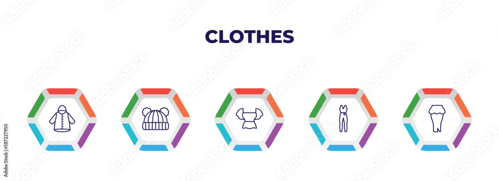 editable outline icons with infographic template. infographic for clothes concept. included nylon jacket, knit hat with pom pom, peplum top, jumpsuit, peplum skirt icons.