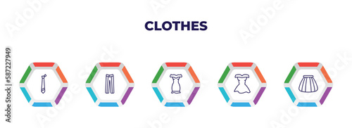 editable outline icons with infographic template. infographic for clothes concept. included tie, oxford wave suit pants, off the shoulder dress, cocktail dress, tulle skirt icons.
