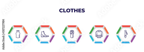 editable outline icons with infographic template. infographic for clothes concept. included tank top, brisk boots, dressing gown, pullover, cravat icons.