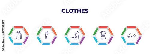 editable outline icons with infographic template. infographic for clothes concept. included cardigan, dungarees, high heel, pijama, beret icons.